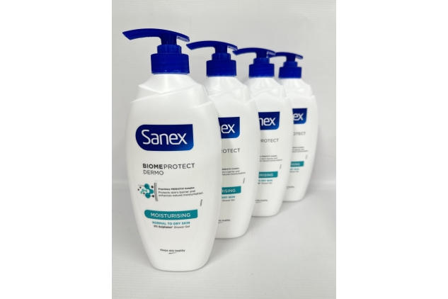 Sanex Expert Skin Health Moisturising Shower gel 720ml body wash for men & women, gently cleanses, hydrates & softens skin, 12h hydration, advanced prebiotic complex formula, vegan, 4 Pack