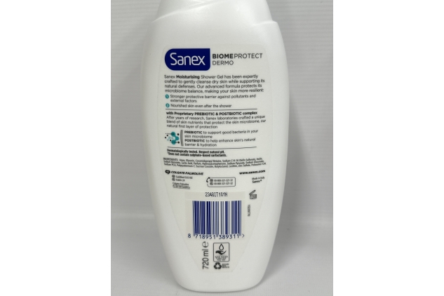 Sanex Expert Skin Health Moisturising Shower gel 720ml body wash for men & women, gently cleanses, hydrates & softens skin, 12h hydration, advanced prebiotic complex formula, vegan, 4 Pack