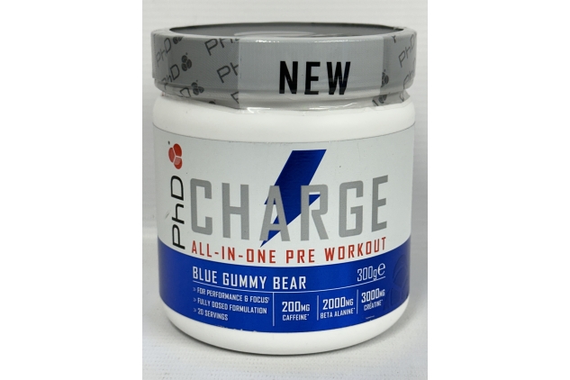 PhD Charge, All in One Pre Workout Powder Blue Gummy Bear Flavour, 20 Servings Per 300g Bottle