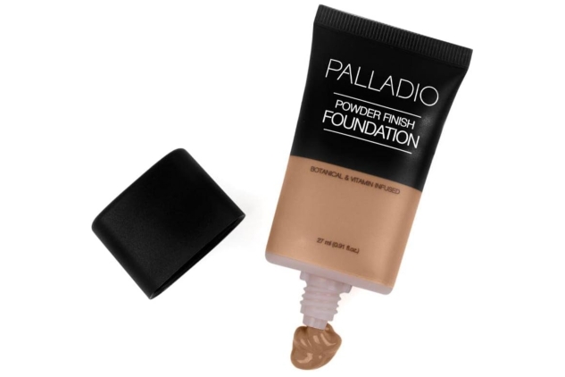 Palladio Powder Finish Liquid Foundation, Natural Matte Appearance, Reduces Fine Lines, Covers Large Pores, Hides Imperfections, All Day Wear, Sheer to Medium Coverage, Caramel