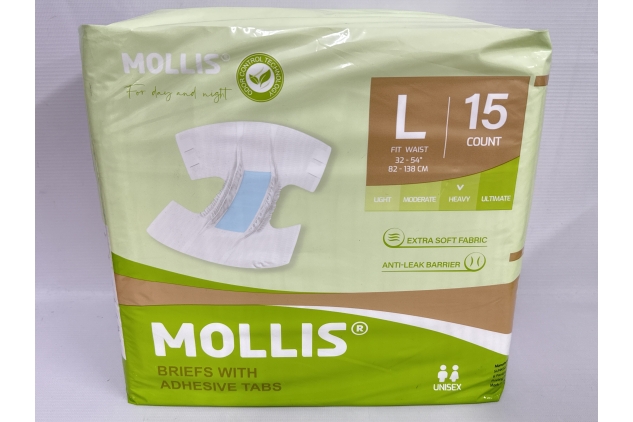 MOLLIS Adult Diapers for Women and Men, Unisex Disposable Incontinence Briefs with Tabs, Maximum Absorbency, Overnight Leak Protection, Large, 15 Count