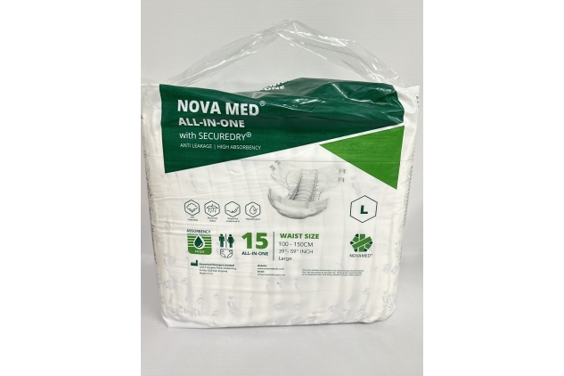 Novamed All in Ones Incontinence Pads, Incontinence Slips, Adult Nappies, Adult Diapers - 15 per Pack (Large) - 2640 ml Absorption - A British Brand