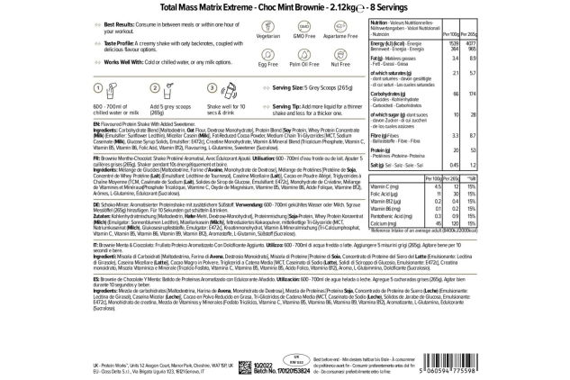 Protein Works - Total Mass Matrix Extreme Mass Gainer | High Calorie Protein Powder | Mass Building Protein Shake | Weight Gainer Protein Powder | 8 Servings | Choc Mint Brownie | 2.12kg