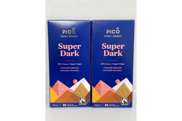 Pico Chocolate - Super Dark Chocolate Vegan Bars - 85% Cocoa, Organic, Premium Swiss Dark Chocolate with No Artificials - 2 x 80g