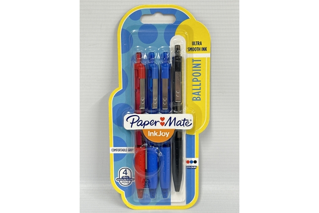 Paper Mate InkJoy Retractable Ballpoint Pens | Assorted Colours Red Blue Black | Pack of 4 | Ultra Smooth Ink | Comfortable Grip