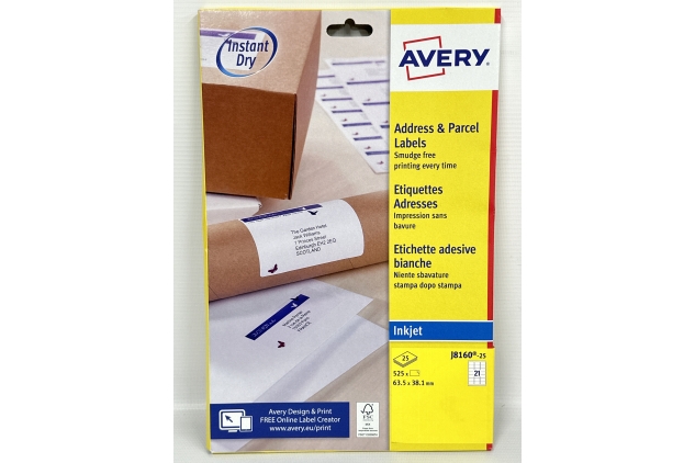 Avery Self Adhesive Address Mailing Labels, Inkjet Printers, 21 Labels per A4 Sheet, 525 labels, QuickDRY, White, 25 Sheets