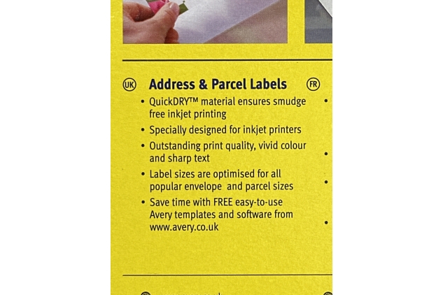 Avery Self Adhesive Address Mailing Labels, Inkjet Printers, 21 Labels per A4 Sheet, 525 labels, QuickDRY, White, 25 Sheets