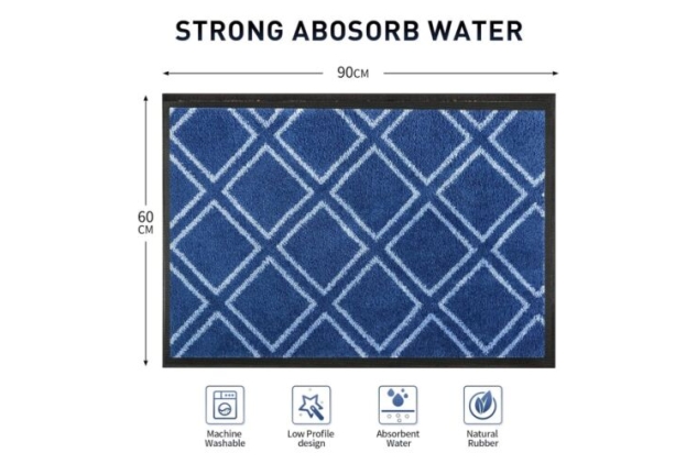 Door Mat 60 X 90CM Blue Crosshatch Design Super Absorbent Non-Slip Rubber Back