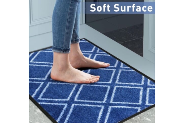 Door Mat 60 X 90CM Blue Crosshatch Design Super Absorbent Non-Slip Rubber Back