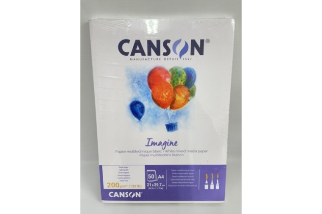 Canson Imagine A4 200g White Mixed Media Paper Pad, Light Grain 50 Sheets