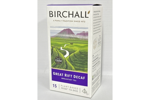 Birchall Great Rift Decaf Blend Tea Bags, English Breakfast Tea Bursting with Full Flavour, Perfect Vegan Gifts, 15 Plant-Based Prism Tea Bags