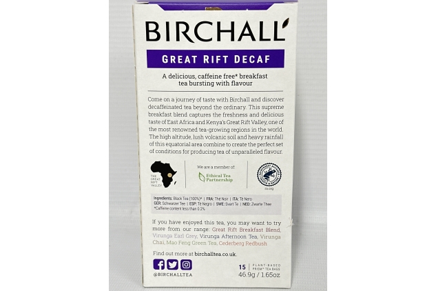 Birchall Great Rift Decaf Blend Tea Bags, English Breakfast Tea Bursting with Full Flavour, Perfect Vegan Gifts, 15 Plant-Based Prism Tea Bags