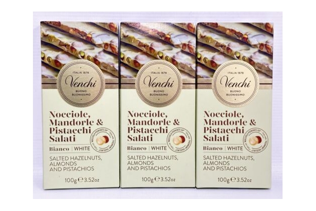 Venchi Salted White Chocolate Bar 3 X 100g with Hazelnuts, Almonds, Pistachios