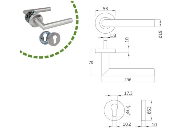 Set of Handles with Rosette for Doors 135x19mm |8mm Square Simple Elegant Design