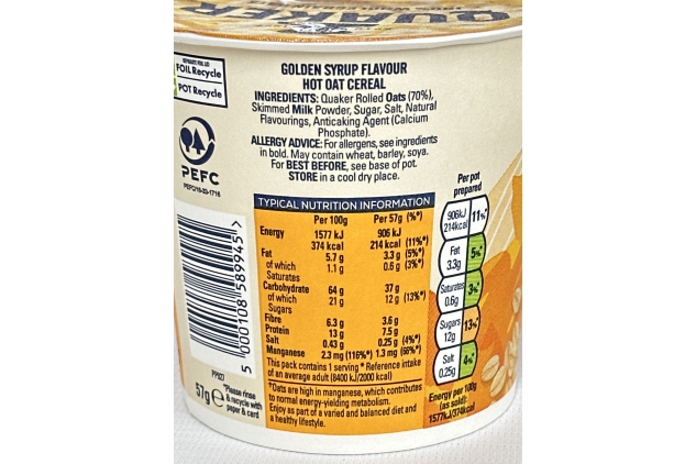 Quaker Oat So Simple Golden Syrup Porridge Pots, 57 g (Pack of 8) Best Before Date 27/07/2024