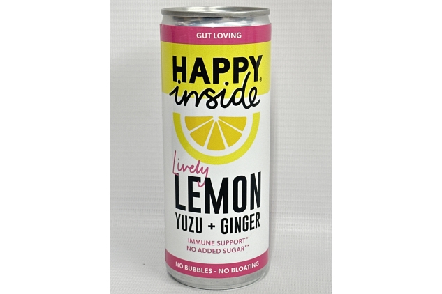 Happy Inside Gut Health Drink, Prebiotic, Natural Ingredients, No Fizz, Vegan, No Added Sugar, High Fibre, Immunity, Lemon, Yuzu & Ginger Flavour, 12 Cans x 250ml