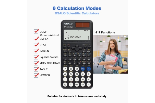 OSALO Scientific Calculator 417 Function 2 Line 10+2 Digits Written Display Solar and Battery Calculators for Students Secondary School College Black (OS 991ES Plus 2nd Edition)