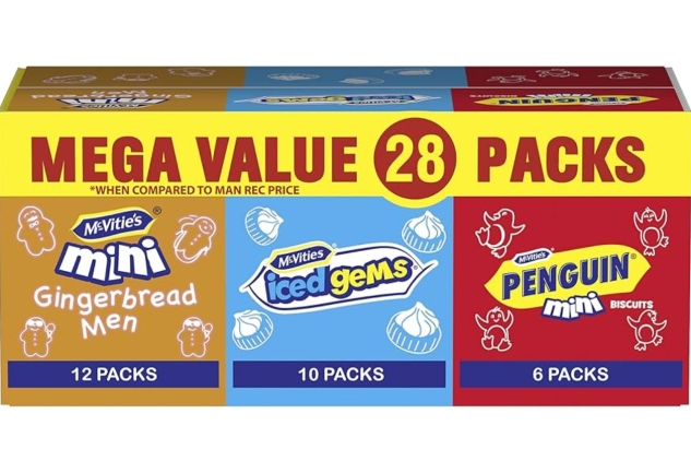 McVitie's Minis Bulk Box Biscuits - Gingerbread Men, Iced Gems and Penguins, 572 g (28 Packs) BEST BEFORE DATE 11/05/2024