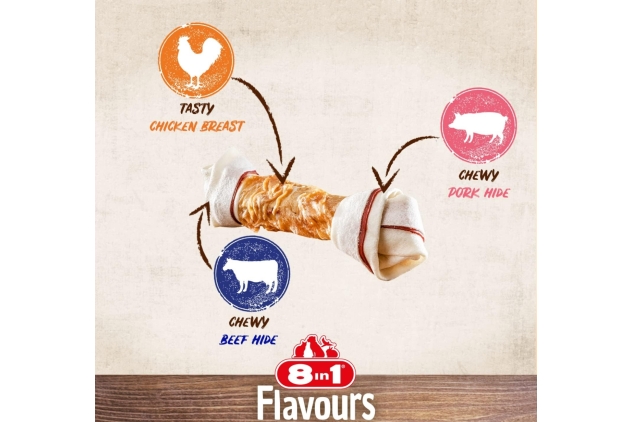 8in1 Triple Flavour Bone Medium | Chewy Dog Bone With Chicken Fillet, Pork Hide & Beef Hide | Long Lasting | 4 Pack