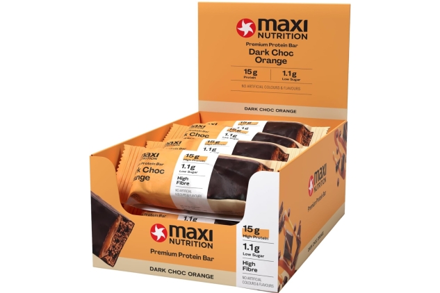 MaxiMuscle - MaxiNutrition Premium Protein Bar - High Protein Snack - Low in Sugar - 15g Protein - Dark Chocolate Orange, Under 190 kcal per Serving, 12 x 45g | Best Before Date 23/05/2024