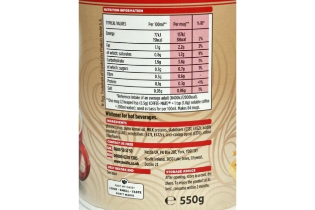 Nestle Original Coffee Mate Whitener Hot Beverage Drinks 550g Tub | 84 Servings