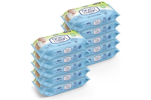 Nice N Clean Pure Baby Wipes Soft Thick & Large 10 X 60 Packs | 99% Water