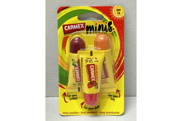 CARMEX Minis Lip Balm Tube Trio Pack, SPF15 (Cherry, Strawberry & Pineapple Mint) Soothes, relieves, and moisturises for soft, healthy-looking lips