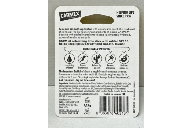 CARMEX Lime Flavour SPF15 Lip Balm Stick 4.25g Restores and protects,healthy hydrated lips all day