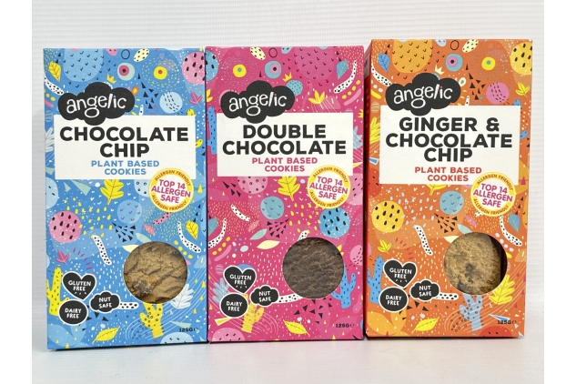 Angelic Free From 3 Mixed Box Vegan & Gluten Free Cookies. 3 Boxes Of Dairy, Nuts, Soya, Egg, Peanut Free Biscuits. Allergy Safe Snacks. (1x Chocolate Chip, 1x Double Chocolate, 1x Ginger & Chocolate) BEST BEFORE DATE 15/06/2024