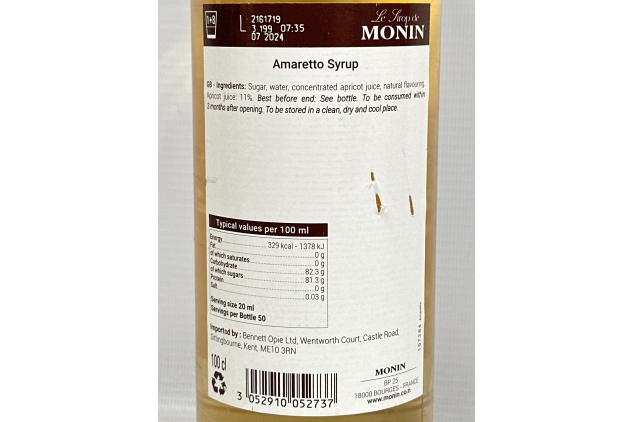 MONIN Premium Amaretto Syrup 1L for Coffee and Cocktails. Vegan-Friendly, Allergen-Free, 100% Natural Flavours and Colourings. Sugar Syrup | BBE 31/07/2024