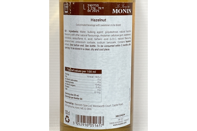 MONIN Premium Hazelnut Sugar Free Syrup 1L for Coffee and Cocktails. Vegan-Friendly, 100% Natural Flavours and Colourings. Sugar-Free Hazelnut Coffee Syrup