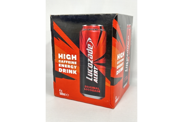 Lucozade Alert Original 4x500ml can ; High Caffeine Energy Drink ;Great Taste; Contains vitamin B3 to help reduce tiredness ;Fully recyclable