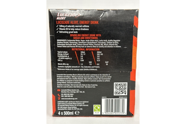 Lucozade Alert Original 4x500ml can ; High Caffeine Energy Drink ;Great Taste; Contains vitamin B3 to help reduce tiredness ;Fully recyclable