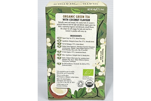 Heath and Heather Organic Green Tea and Coconut 20 Teabags (Pack of 6, Total 120)