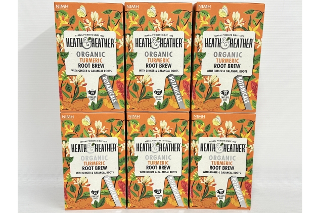 Heath & Heather Organic Turmeric Root Brew Tea Bags Individually Wrapped Caffeine-Free Herbal Tea Infusions with Ginger and Galangal Root | 6 Packs of 20, Total 120 Teabags