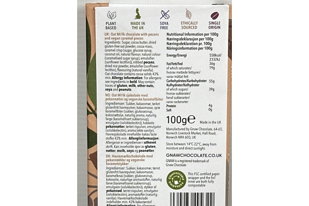 Gnaw Vegan Oat Milk Pecan Pie Chocolate Bar 100G (Pack Of 12) BBE 31/07/2024