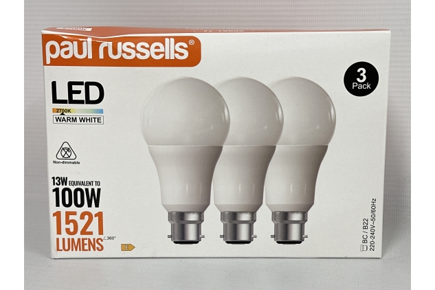 paul russells 13W B22 Bayonet Cap LED Light 100W Equivalent Replacement Bulb 1521LM Lumens 2700K Standard BC A60 GLS – Soft Bright Energy Saving Bulbs Non-Dimmable - Warm White Frosted Pack of 3