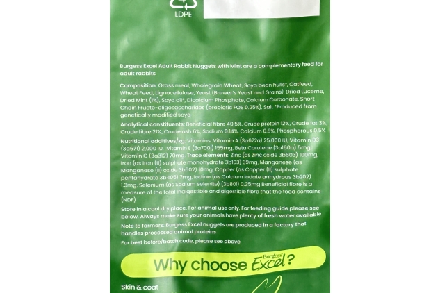 Burgess Excel Nuggets with Mint Adult Rabbit Food 3 kg DAMAGED BAG