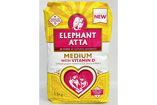 Elephant Atta Medium Flour with Vitamin D | Atta | Vitamin D | Chapatti Flour | Forfeited Flour | Health Flour | Vit D | Naan Flour | Roti Flour | Plain Flour | (1.5kg) BEST BEFORE DATE 30/06/2024