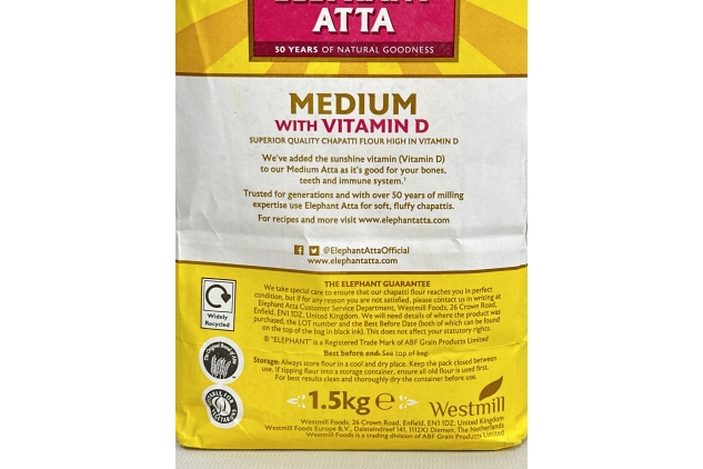 Elephant Atta Medium Flour with Vitamin D | Atta | Vitamin D | Chapatti Flour | Forfeited Flour | Health Flour | Vit D | Naan Flour | Roti Flour | Plain Flour | (1.5kg) BEST BEFORE DATE 30/06/2024