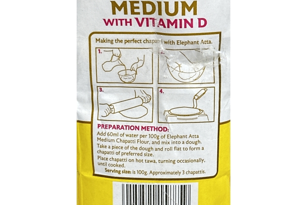 Elephant Atta Medium Flour with Vitamin D | Atta | Vitamin D | Chapatti Flour | Forfeited Flour | Health Flour | Vit D | Naan Flour | Roti Flour | Plain Flour | (1.5kg) BEST BEFORE DATE 30/06/2024