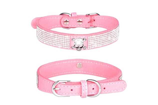 Haoyueer Rhinestone Dog Collar, Cute Dazzling Sparkling Soft Suede Leather Dog Cat Rhinestone Collar Crystal Diamond Pet Dog Puppy Collar (L, Pink-5) SEE DESCRIPTION