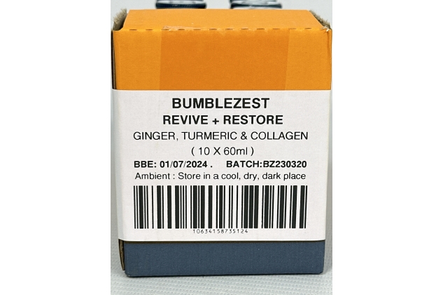 Bumblezest Revive & Restore Ginger Turmeric Collagen Drink Shots 60ml (Pack Of 10) BEST BEFORE DATE 01/07/2024