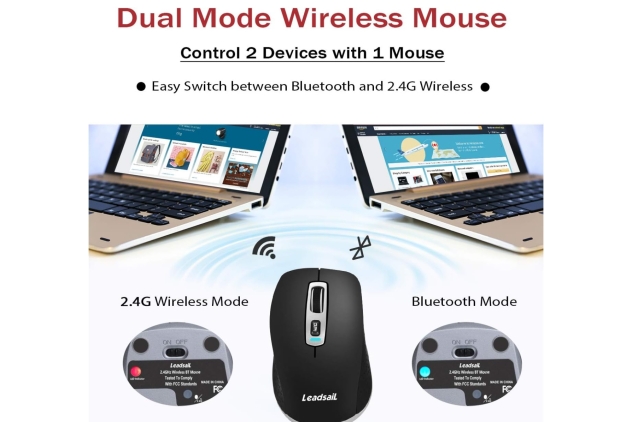 Wireless Rechargeable Bluetooth Mouse,Slim Silent Mobile Mouse 2.4G/Bluetooth 4.0 Portable Cordless Mice with USB Receiver 5 Adjustable DPI for Laptop MacBook Windows Android OS