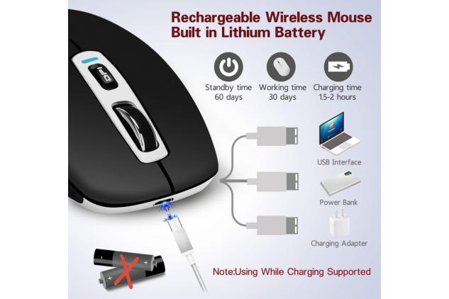 Wireless Rechargeable Bluetooth Mouse,Slim Silent Mobile Mouse 2.4G/Bluetooth 4.0 Portable Cordless Mice with USB Receiver 5 Adjustable DPI for Laptop MacBook Windows Android OS