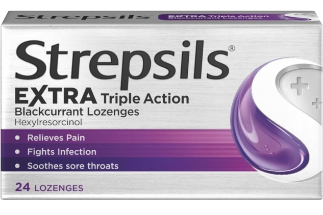 Strepsils Extra Triple Action, Sore Throat Lozenges, Blackcurrant, 24 Total, Soothes Sore Throat, Pain Relief, Numbs Pain, Relieves Germs, Fast Acting, Up To 2 Hours Relief, Sore Throat, Medication