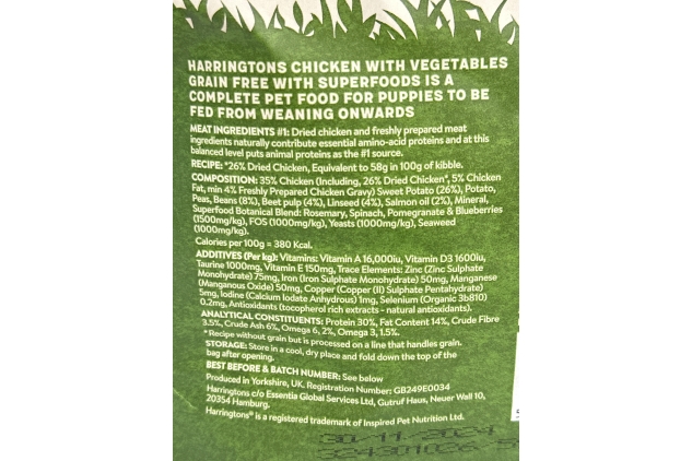 Harringtons Superfoods Puppy Complete Grain Free Hypoallergenic Chicken with Veg Dry Dog Food 1.7kg