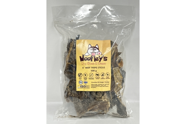 Dried Beef Tripe Sticks, 15cm (6 Inches) Dog Treat Chews 500g Bag