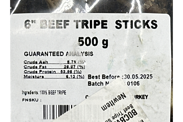 Dried Beef Tripe Sticks, 15cm (6 Inches) Dog Treat Chews 500g Bag