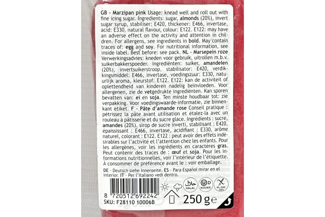 FunCakes Marzipan Classic Pink: Easy to Use, Delicious Taste, Flexible and Smooth, Easy to Roll Out, Fine and Firm, Perfect for Cake Decorating, Halal, Kosher and Gluten Free. 250 g | Best Before Date 28/08/2024